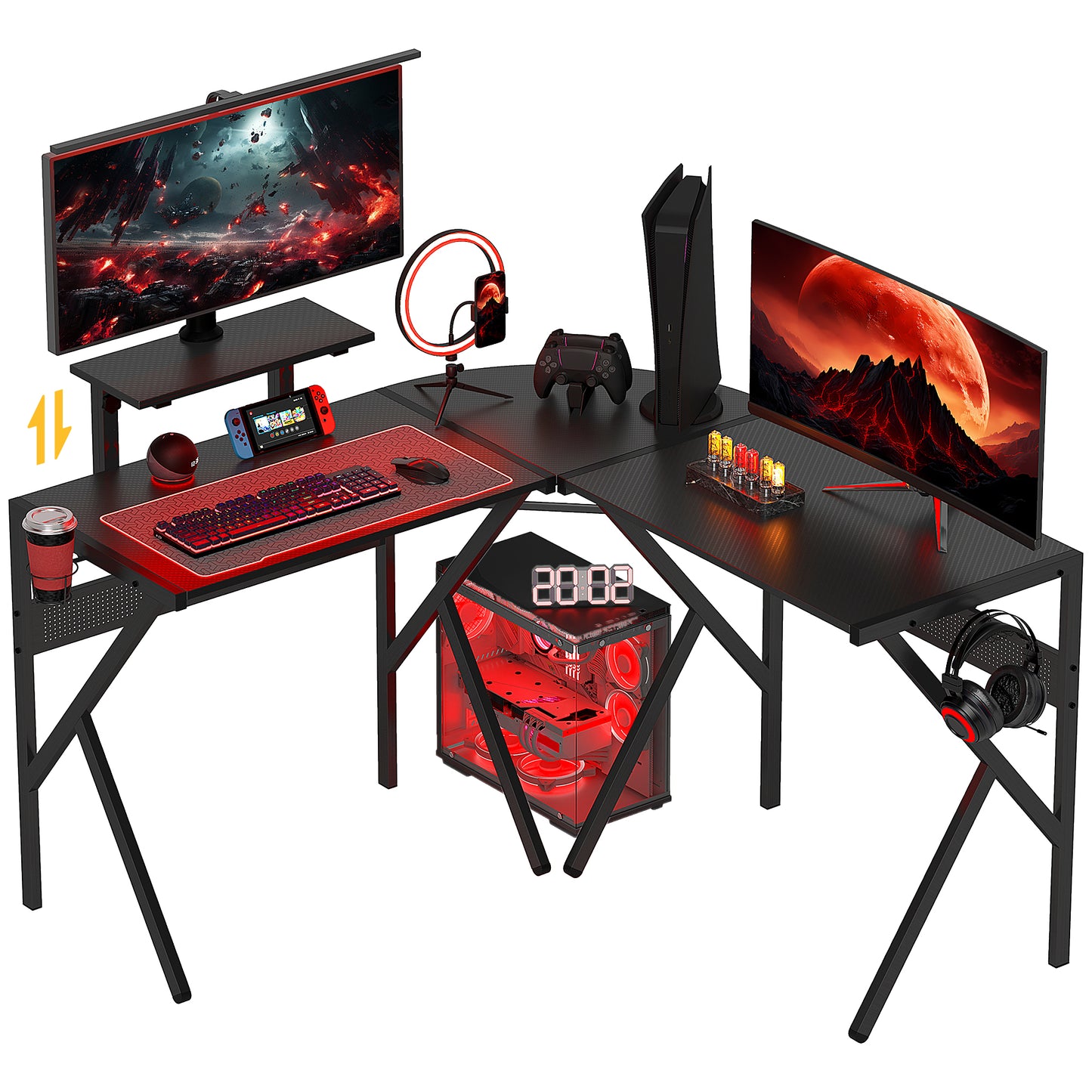 Gaming Desk L-Shaped Corner Computer Table with Adjustable Monitor Stand, Black image 0