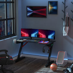 Racing Style Gaming Desk with LED Lights and Cup Holder, Black image 0