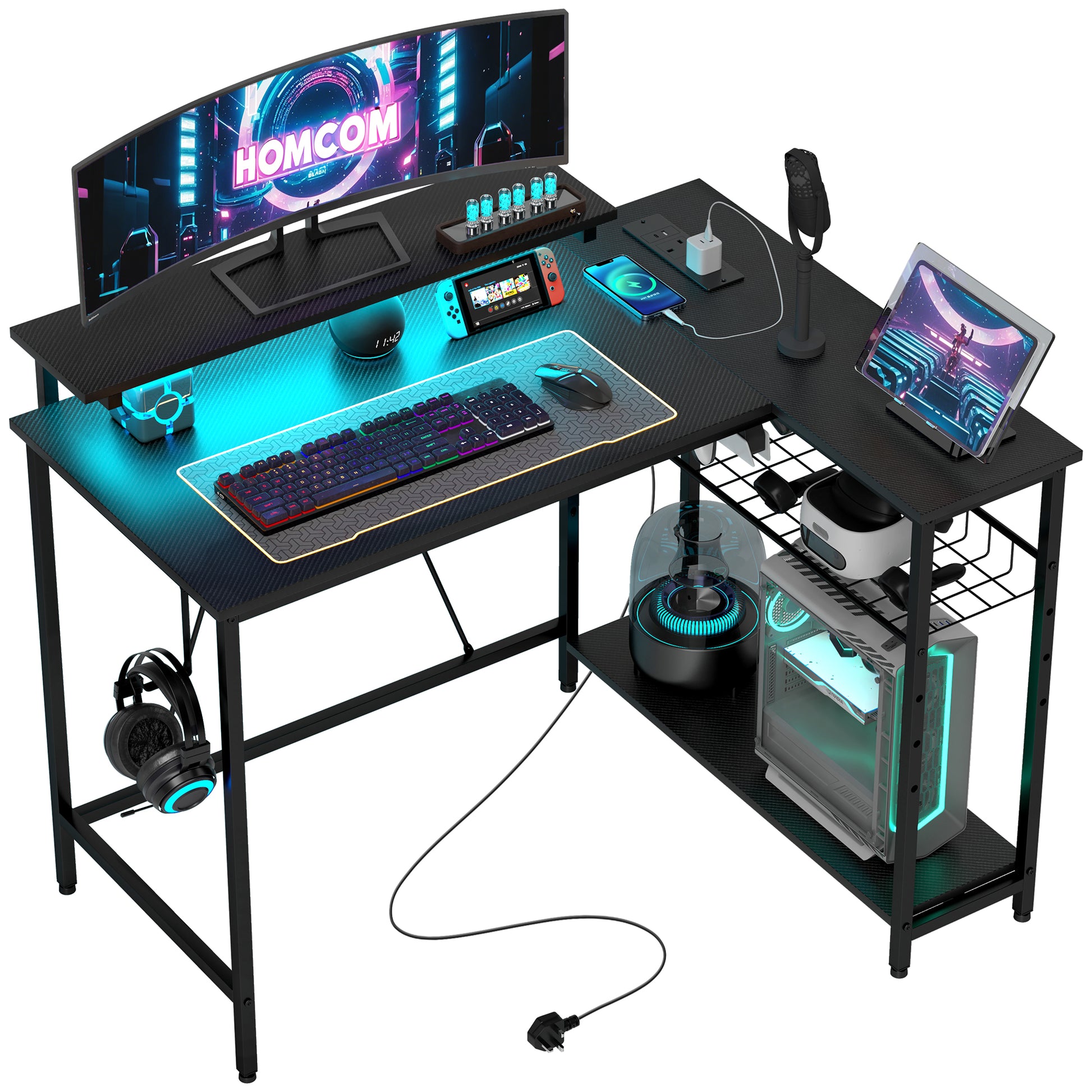 Reversible 'L' LED Light Gaming/Work Desk - Black image 0