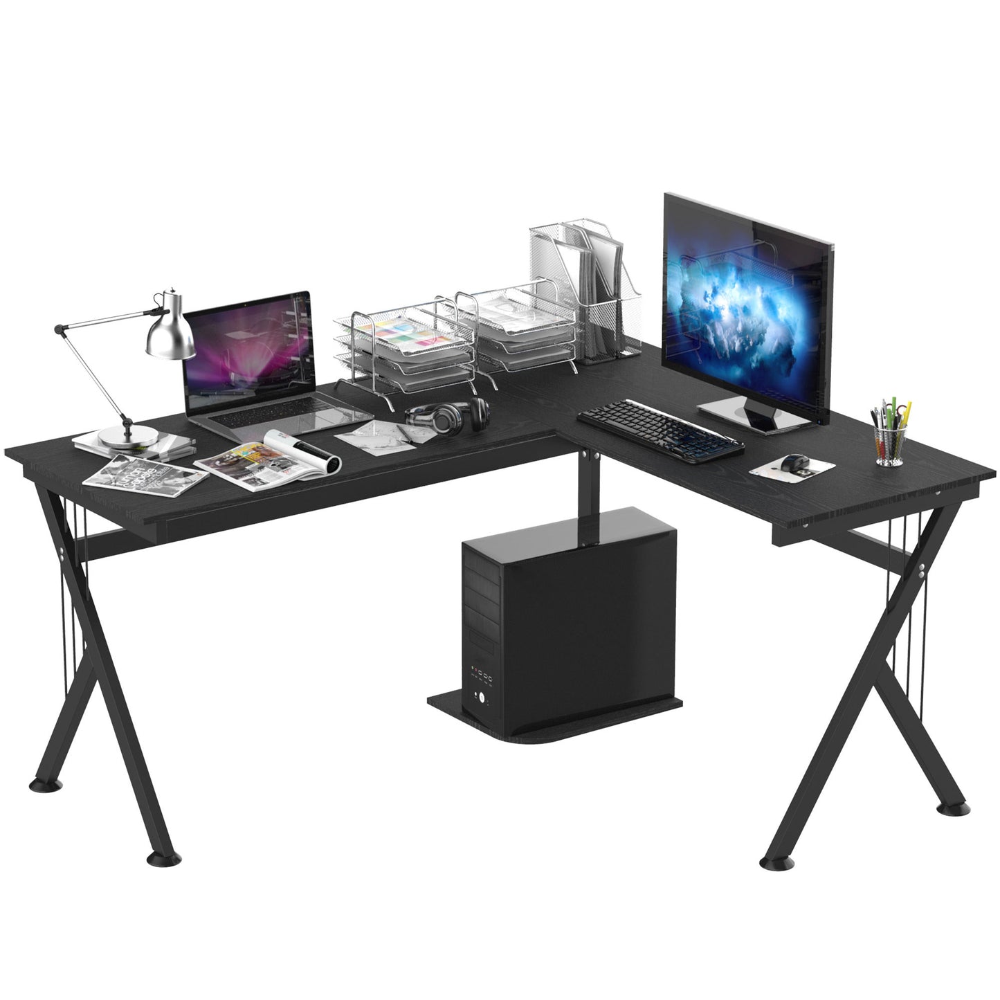 L Shaped Gaming Desk, 155 x 130cm Corner Computer Desk with CPU Stand, Black