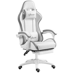 Computer Gaming Chair, PU Leather Desk Chair with Footrest, White and Grey