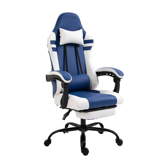 PU Leather Gaming Chair with Headrest, Blue White