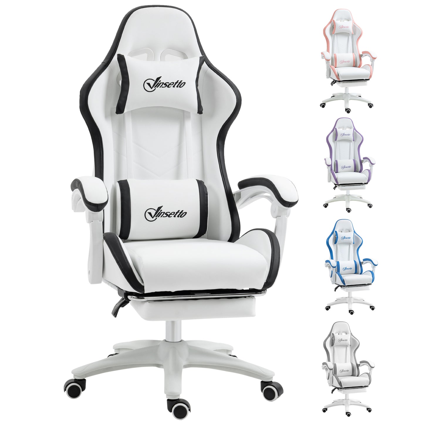 Computer Gaming Chair with Footrest, , White and Black