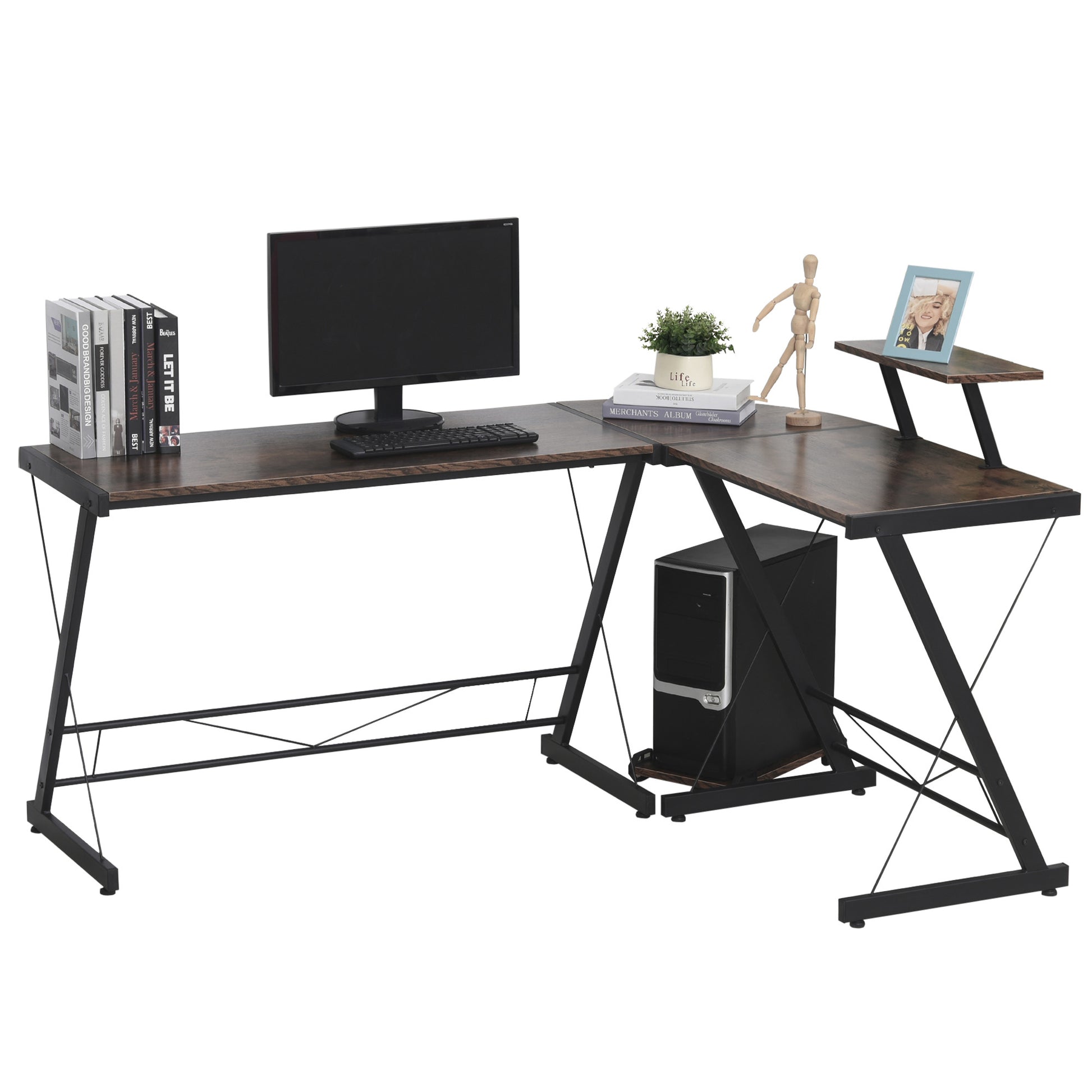 L Shaped Corner Desk with Monitor Stand and CPU Stand, Rustic Brown and Black