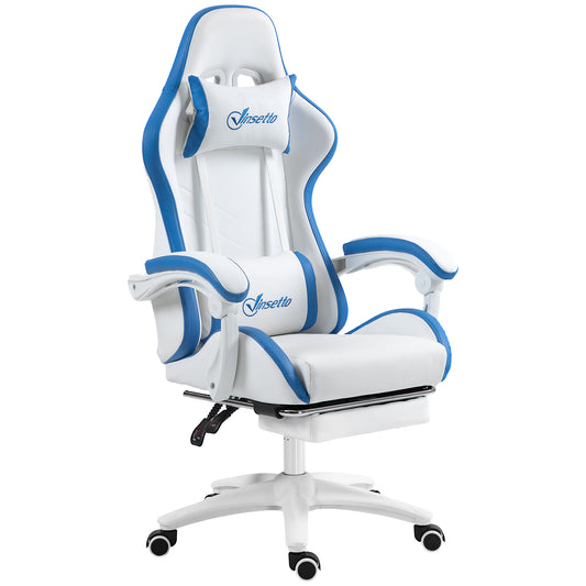 Computer Gaming Chair, PU Leather Desk Chair with Footrest, White and Blue