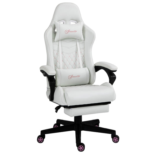 Computer Gaming Chair with Footrest and 130 degree Reclining Back, White