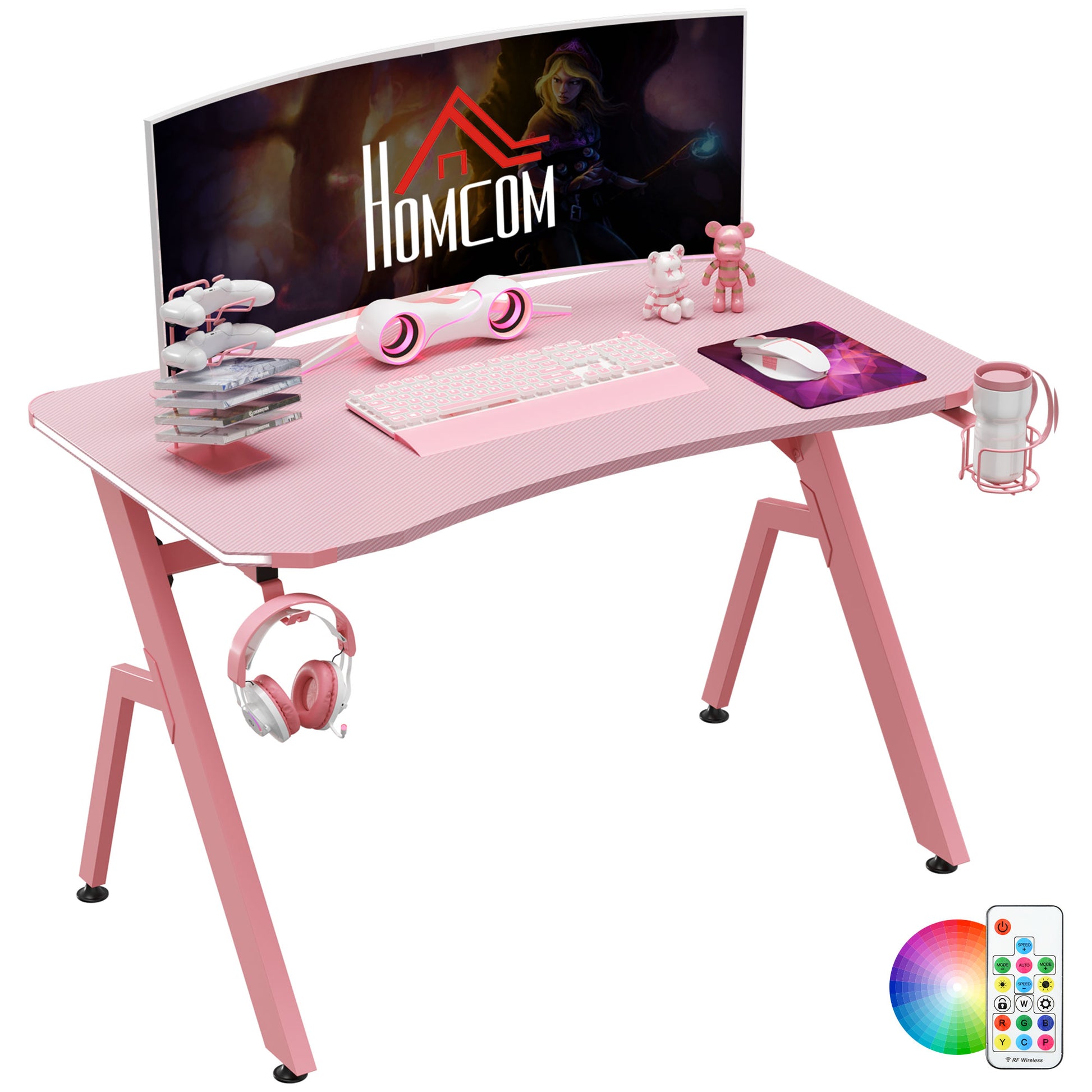 Gaming Desk with Carbon Fibre Surface, Headphone Hook, Cup Holder, Pink