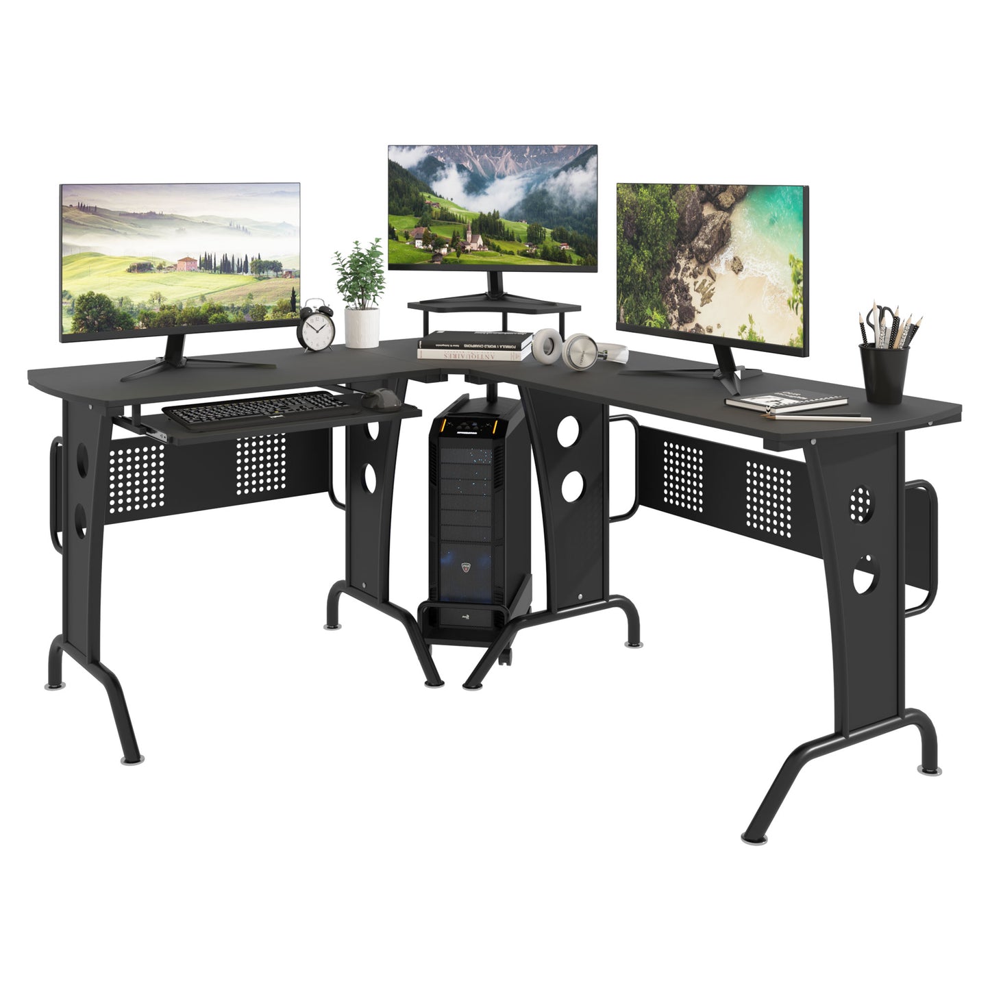 L-Shaped Corner Desk, Gaming Desk with CPU Rack, Keyboard Tray, Black