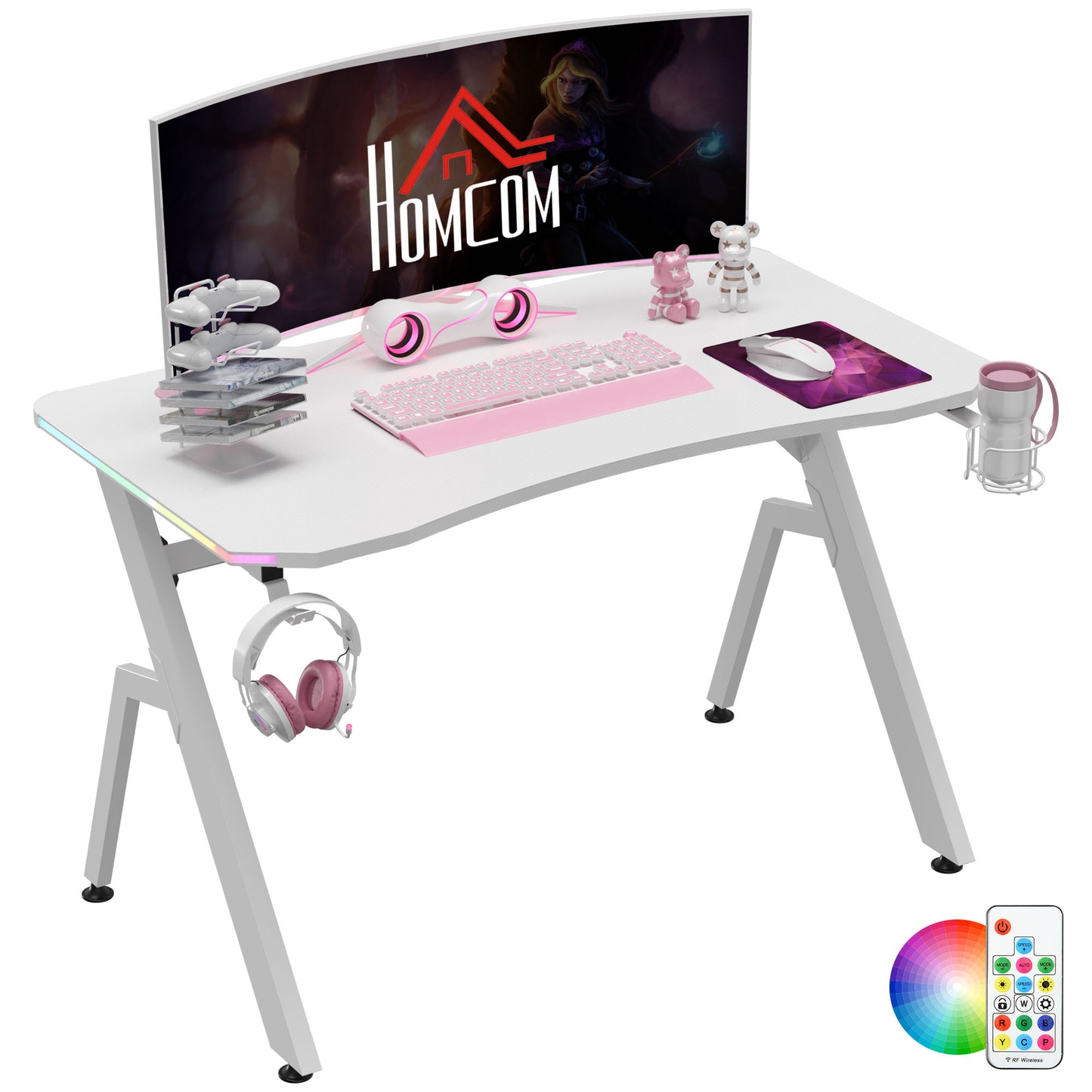 Gaming Desk with Headphone Hook, Cup Holder, Controller Rack, White