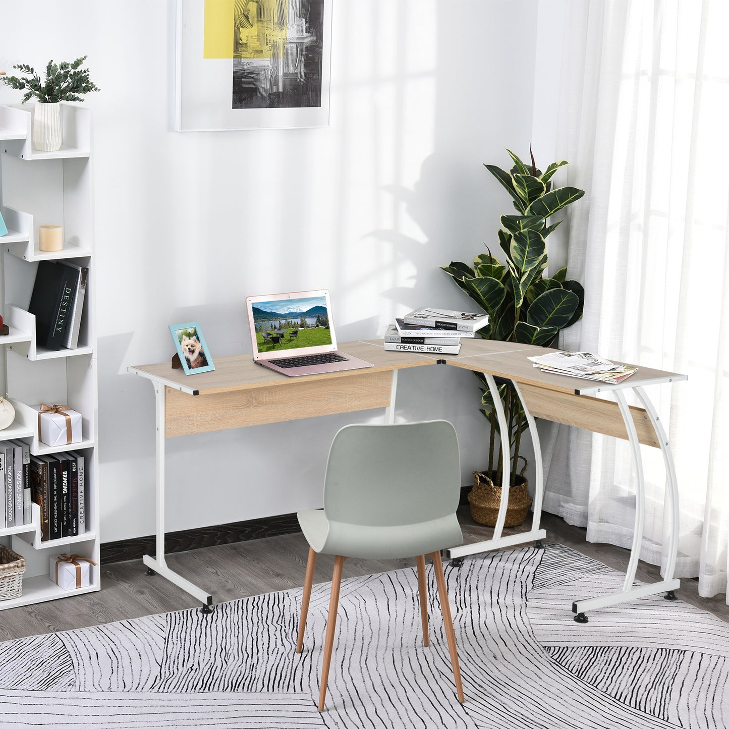 L Shape Computer Desk Corner Display Table, Natural