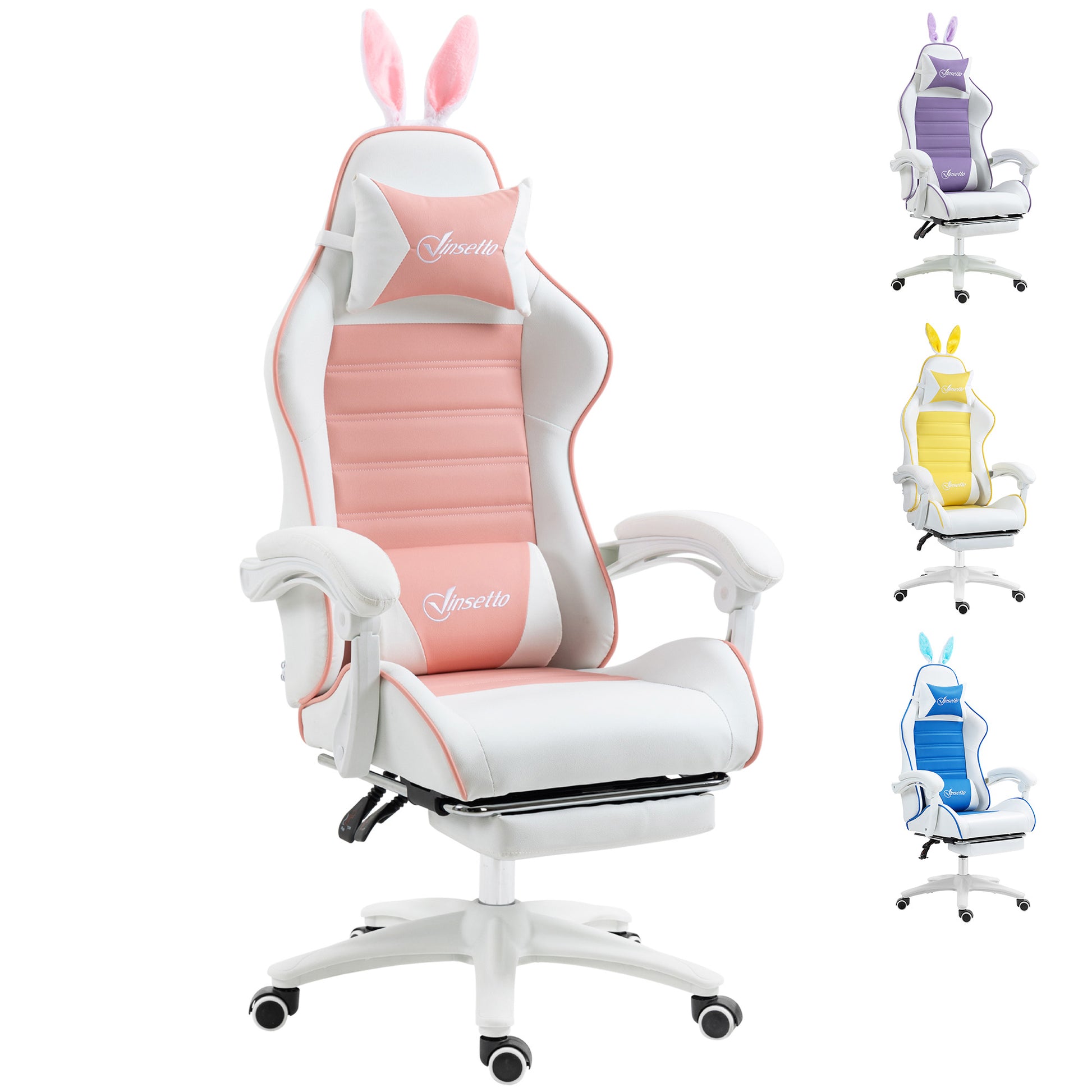 Gaming Chair with Removable Rabbit Ears, Footrest, Headrest and Lumber Support