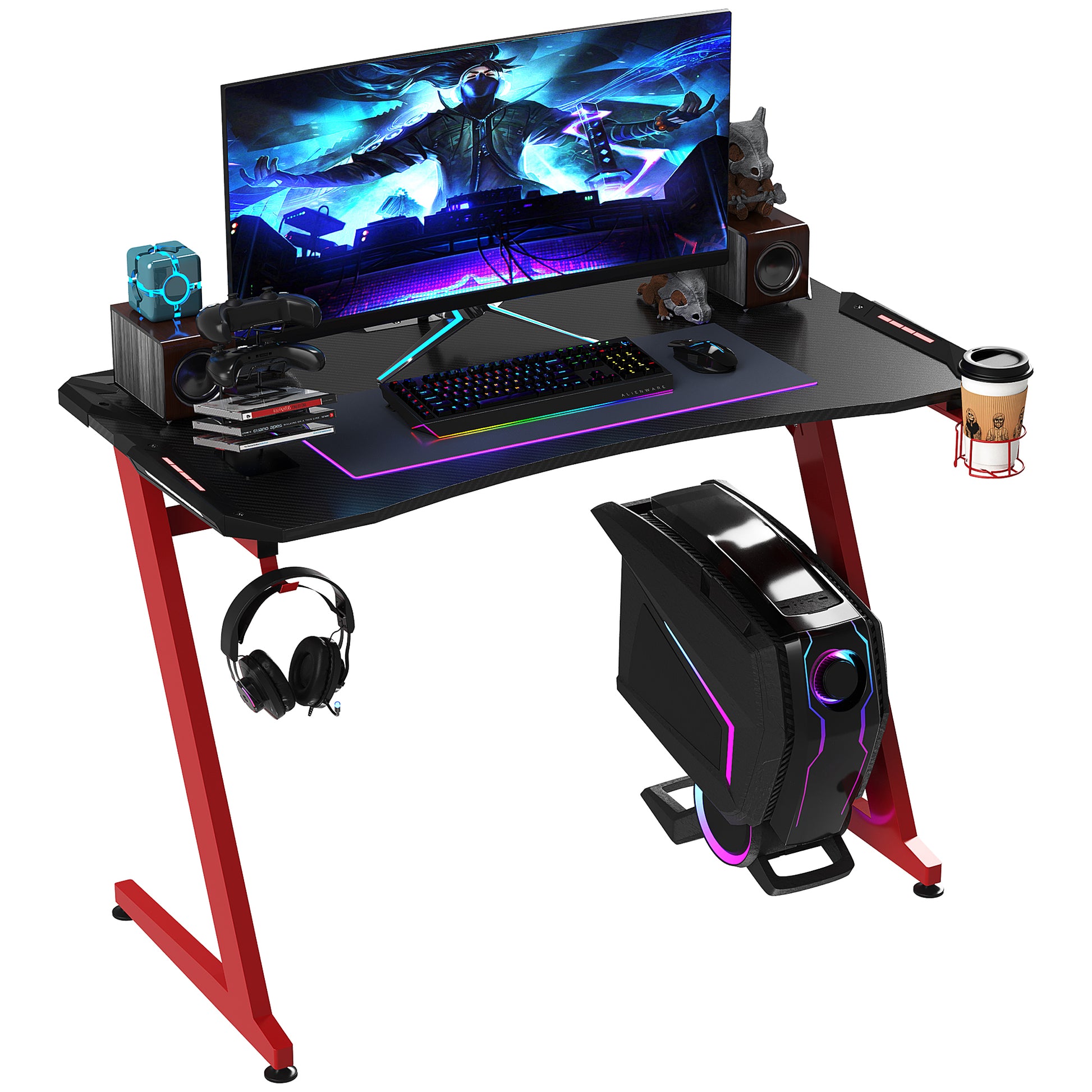 Gaming Desk, Carbon Fibre Desk, Gamer Workstation, Black and Red