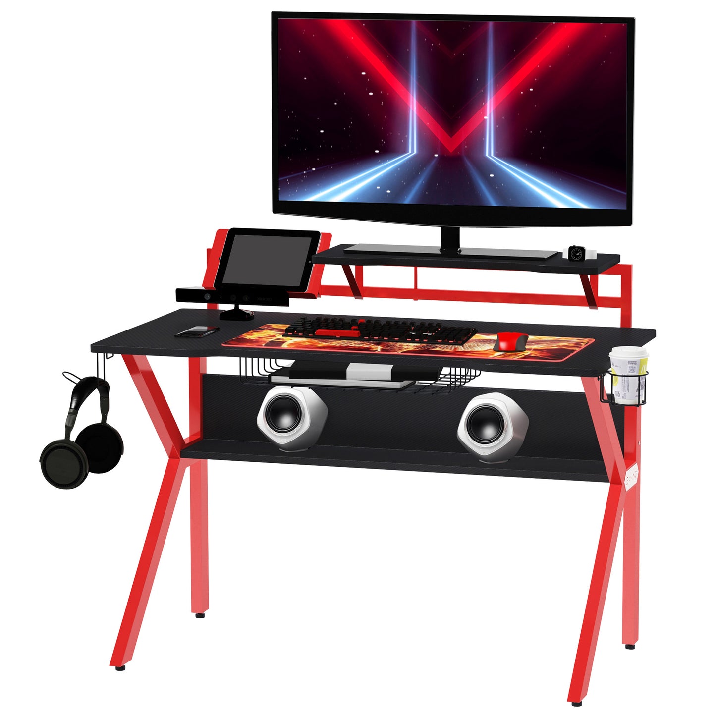 Gaming Desk, Computer Table with Monitor Stand, Wire Basket and Metal Frame, Red