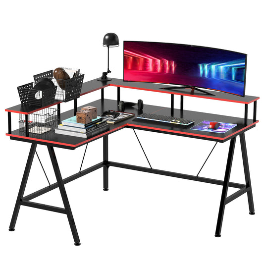 L Shaped Gaming Desk, Corner Desk with Monitor Stand, Black and Red