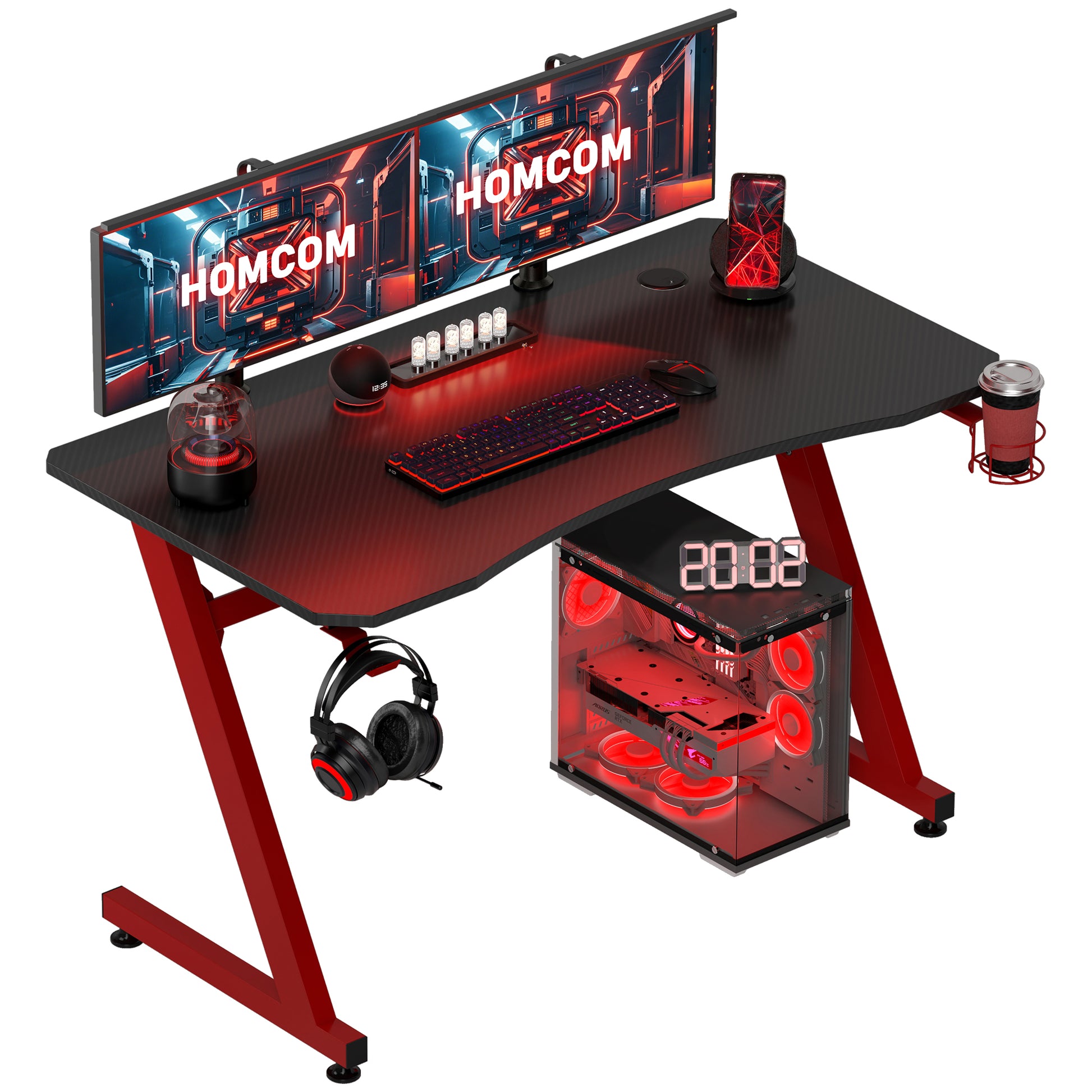 Gaming Desk 120 x 65 cm Steel Frame with Cup Holder, Headphone Hook, Red