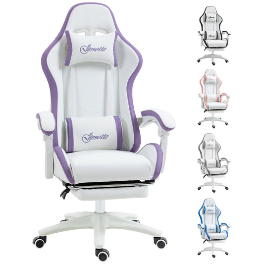 Computer Gaming Chair with Footrest, White and Purple