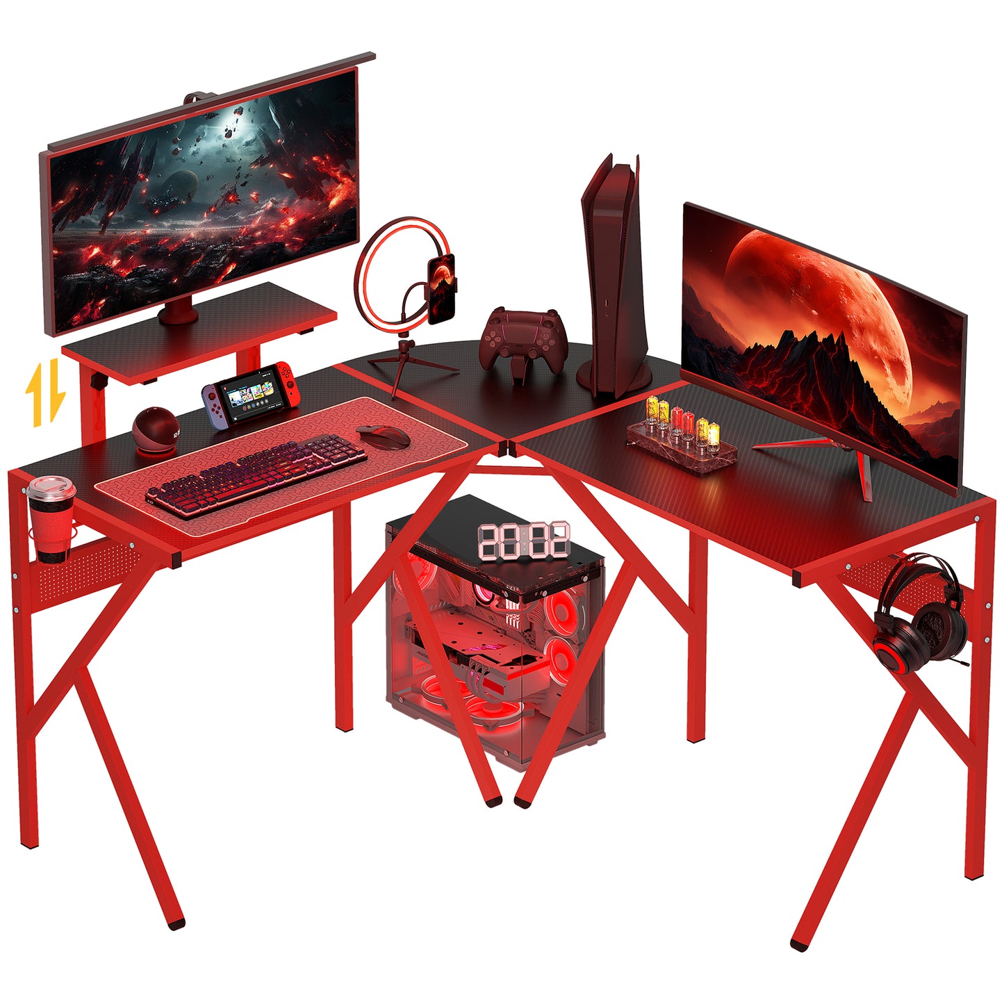 Gaming Desk L-Shaped Corner Computer Table, Red