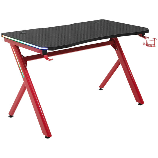 RGB Gaming Desk Computer Table Metal Frame with LED, Cable Hole, Red