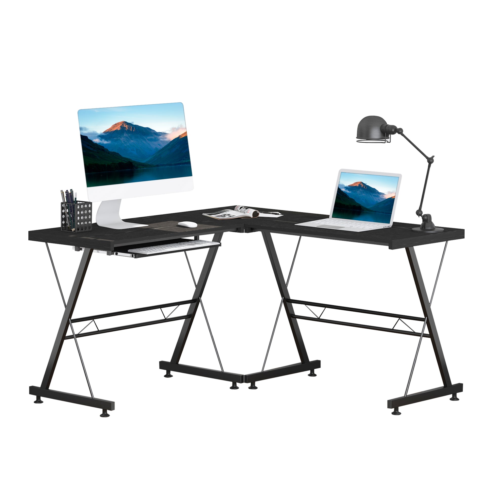 L Shaped Gaming Desk, Corner Computer Desk with Keyboard Tray, Black